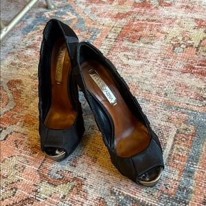 BCBG MaxAzria Black Satan Peep Toe Heels Size 6